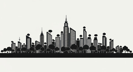 Fototapeta premium Modern City Skyline Silhouette with Green Trees and Buildings