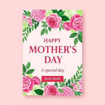 Happy mother's day greeting card with floral design and pink roses on white background for special occasion with mother s day and happy mother s day