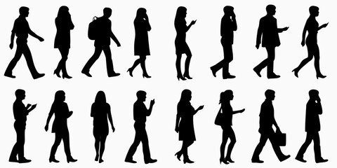 Fototapeta premium Silhouettes of people walking in various poses and clothing styles