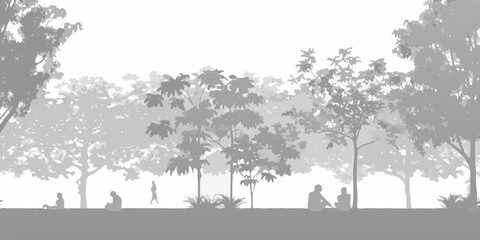 Silhouetted figures relaxing amongst trees in a bright hazy outdoor scene