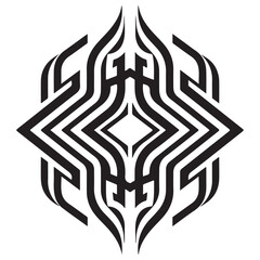 Fototapeta premium Symmetrical tribal tattoo vector design featuring bold black geometric lines and curves forming an abstract diamond ornament, isolated on white background for stencil or decal application