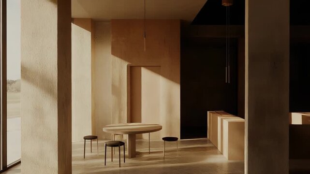 Modern interior design showcasing a minimalist living space with wabi sabi aesthetics, featuring a round table and stools, bathed in warm sunlight and casting soft shadows