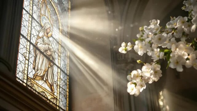 Divine light illuminating figure of Mary, delicate white blossoms, sacred stained glass window, ethereal rays, peaceful church interior, spiritual reverence, serene atmosphere