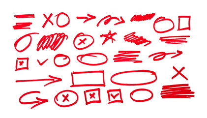 Red pencil hand drawn various oval, chalked arrows, check marks.