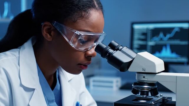 Focused African American female scientist in lab coat conducting research using a professional microscope in a laboratory.