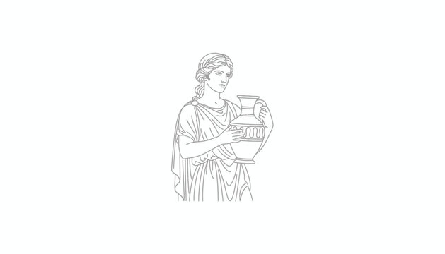 Ancient Greek Woman Holding a Ceramic Amphora, Line Art Illustration