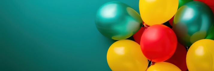 Vibrant balloons for lithuania independence day celebration. Horizontal banner. Copy space. Yellow, green and red balloons on a green background