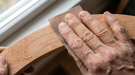 Macro Top Down Shot of Artisan Hands Sanding Curved Wood Edge with Fine Sawdust Texture