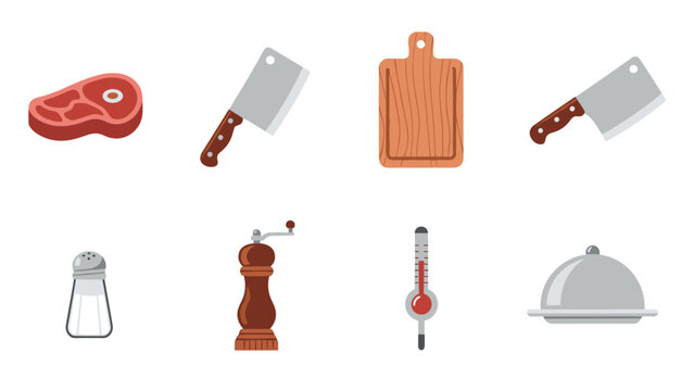 Kitchen tools set: meat, cleaver, cutting board, salt shaker, pepper mill, thermometer, cloche