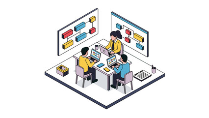 Fototapeta premium Collaborative team meeting in modern office setting with isometric design