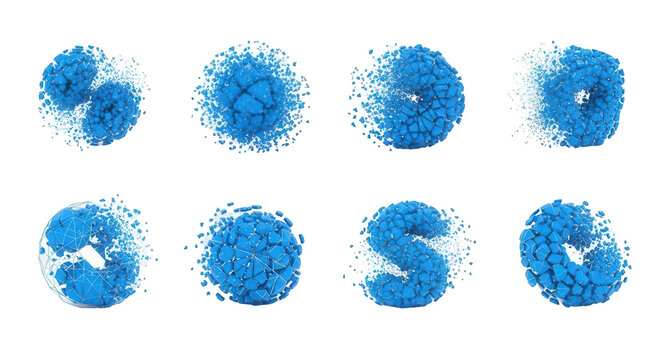 blue exploding geometric shapes creating the alphabet on a white background disintegration and conceptual design potential for digital art or educational content