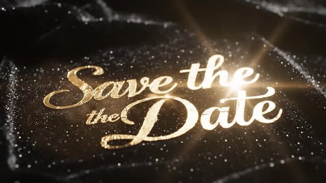 Save the Date Gold Script Text Reveal on Glittering Black Fabric Background Motion Graphic