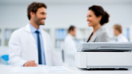 Fototapeta premium Doctor Explains Laser Technology to Patient in Modern Medical Office Setting During Consultation