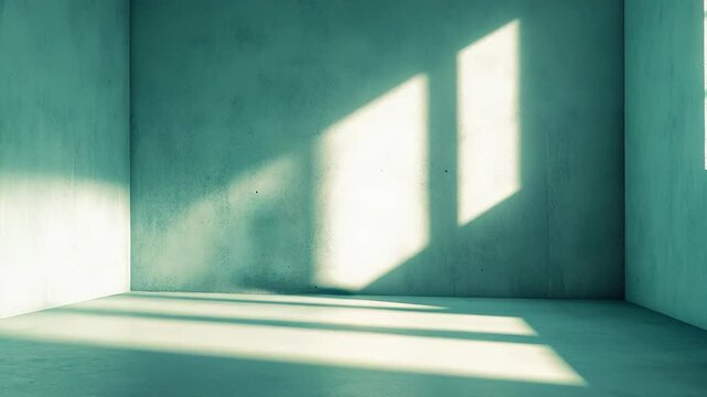 Minimalist concrete room with sunlit geometric window shadows across the floor and wall, creating a bright, spacious backdrop suggesting renewal, potential, and modern simplicity