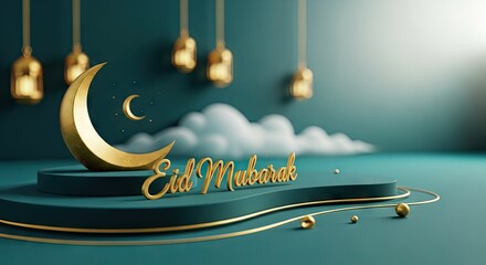 Elegant Golden Crescent Moon and Eid Mubarak Calligraphy Adorned with Festive Lanterns on a Teal Stage with Soft Clouds and Dramatic Lighting