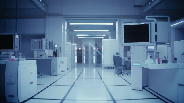 Advanced research facility featuring empty workstations with computers and specialized equipment, symbolizing innovation in a clean, high tech environment for scientific discovery