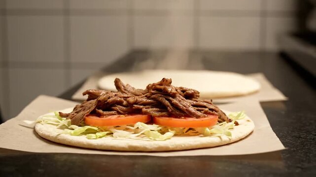 Assembling a delicious Mediterranean-style flatbread wrap, showcasing tender sliced meat, fresh lettuce, and vibrant tomatoes on warm pita bread, ready for a savory meal experience