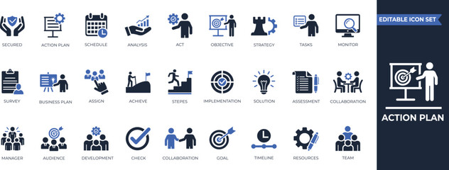 Naklejka premium Action plan solid icon set for strategy, goal setting, solution, monitoring, management, project, collaboration, and corporate workflow diagrams.