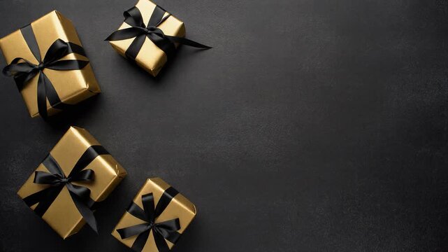 Elegant gold gift boxes with black ribbons on dark background flat lay for Black Friday or luxury holiday