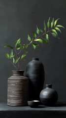 Three unique vases with a branch of green leaves on a gray surface
