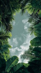 A serene view of the sky framed by lush green palm leaves and foliage