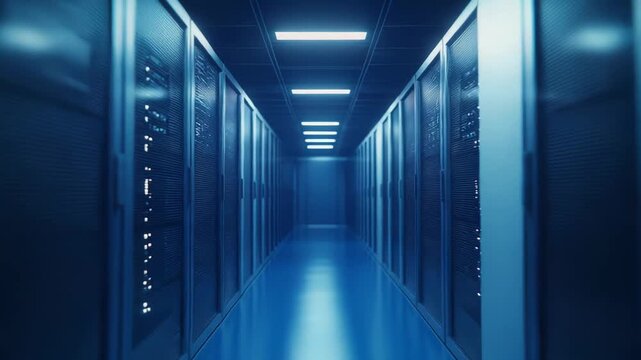 Large server room corridor with long rows of high density racks and blinking network lights, evoking modern cloud infrastructure, big data processing and secure digital operations