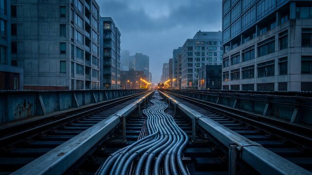 Moody urban elevated train tracks stretch toward distant city lights, featuring complex industrial cabling systems in the foreground.