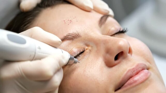 Professional facial rejuvenation treatment using micro-needling device on womans face in a beauty clinic.