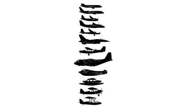 Vertical Airplane Vector Icon Set with Different Types of Aircraft Silhouettes