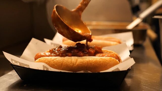 Capturing the moment a generous serving of hearty chili is ladled onto a classic hot dog, showcasing the preparation of a beloved street food snack