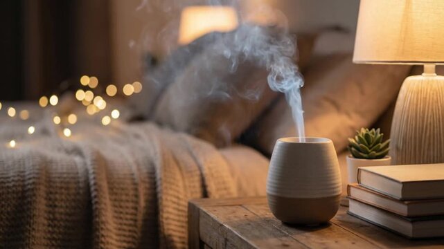 Soft neutral diffuser bedroom night calm mindfulness before sleep with warm lamp glow cozy blanket mindfulness before sleep ceramic diffuser emits