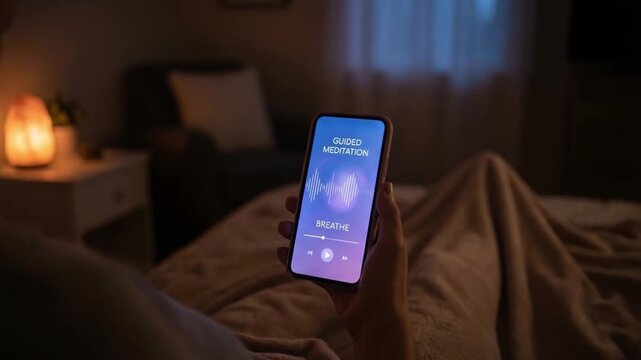 Mindfulness before sleep guided meditation app smartphone for bedtime relaxation calming voice soft light bedroom relaxing routine calm breathing to