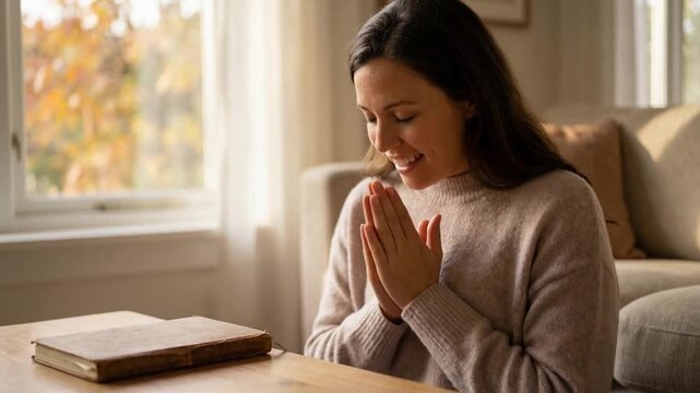 Mindfulness before sleep woman prayer calm reflection cozy sweater peaceful evening winding down relaxation routine gratitude practice calm breathing