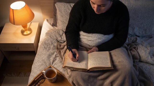 Mindfulness before sleep journal bedtime ritual calm reflection cozy evening routine cozy evening journaling bed with warm lamp light and tea