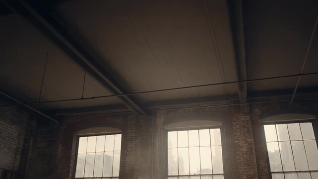 Industrial loft studio prepared for a creative session, featuring a classic large format camera on a tripod, an empty easel with a blank canvas, and warm sunlight streaming through large windows