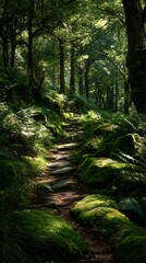 A serene forest path illuminated by dappled sunlight and surrounded by lush greenery