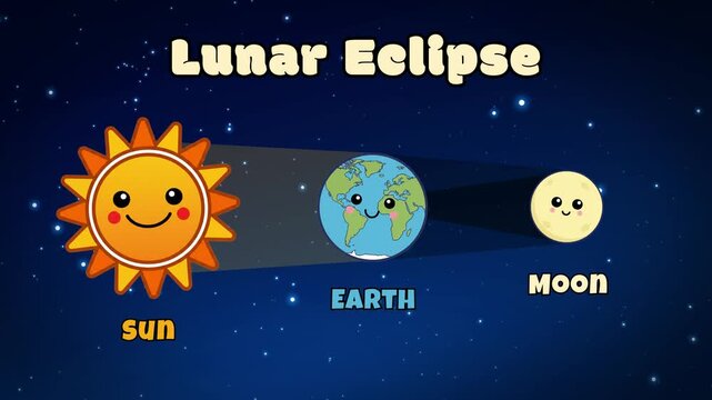 Lunar Eclipse animation in Kawaii Doodle Cartoon Character Style. Suitable for Children Education.