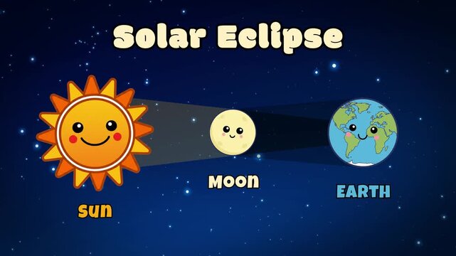 Animated Solar Eclipse Illustrator in Kawaii Doodle Cartoon Character Style. Suitable for Children Educational Content.