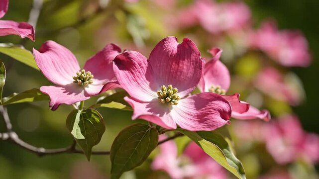 Vibrant pink dogwood flowers bloom beautifully on a branch in bright natural