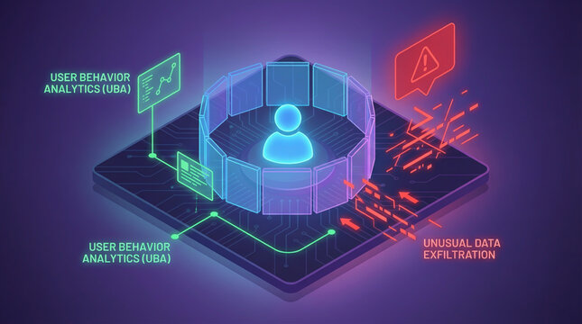Cybersecurity User Behavior Analytics and Unusual Data Exfiltration Protection Concept with Digital Shield and Circuit Board Background
