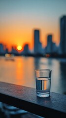 A glass of water on a railing overlooking a city skyline at sunset