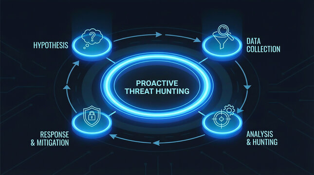 Proactive Threat Hunting Cybersecurity Concept Diagram with Process Steps for Data Analysis and Network Protection