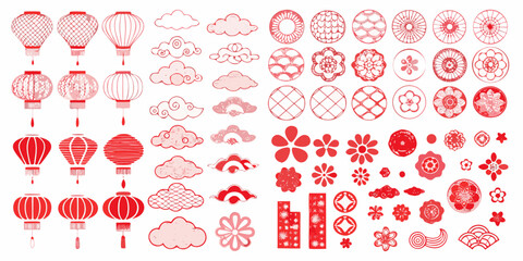 Red chinese lanterns clouds and floral patterns arranged in a decorative grid © Debashis