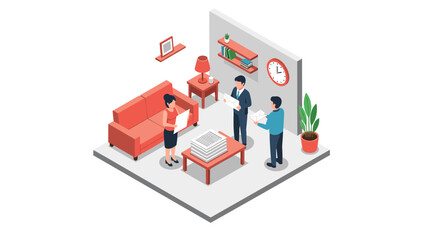 Isometric office meeting: team discussion in cozy workspace with furniture and plants
