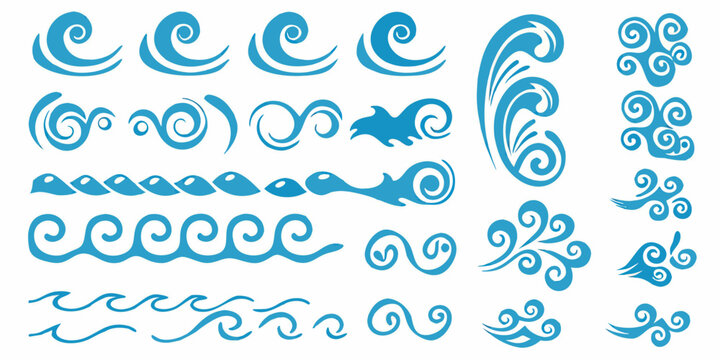 Collection of stylized blue wave and swirl vector elements