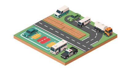Obraz premium Isometric 3d city traffic scene with cars and trucks on roads and parking