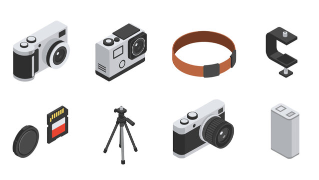 Isometric camera and photography equipment set in modern style