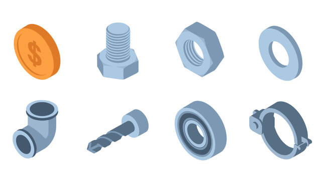 Industrial tool set with 3d metal components: bolts, nuts, and more