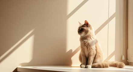 Serene Cat Sitting in Sunlight by Window, Cozy Pet Photography for Warm Home Atmosphere