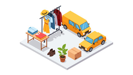 Fototapeta premium Isometric garage sale scene with clothes, cars, and accessories